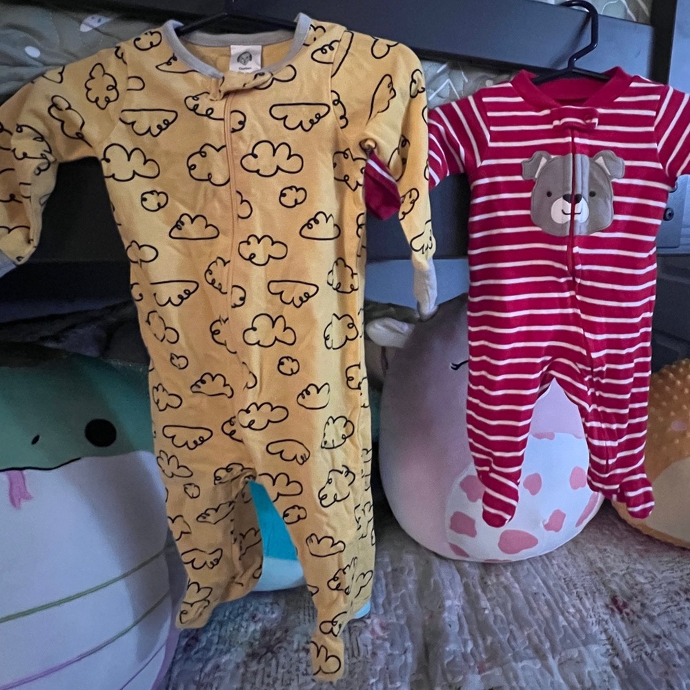 Yellow Cloud Print and Red Striped Bear Kids One Pieces